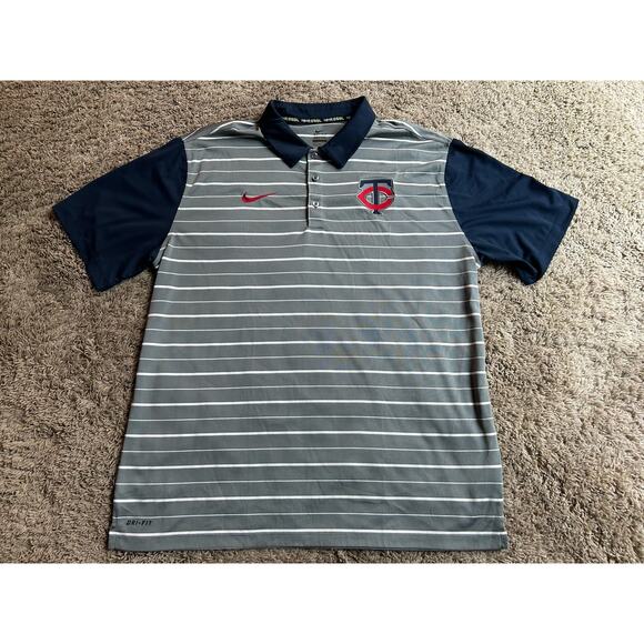 Nike DriFit BSBL XL Men’s POLO SHIRT Minnesota Twins Blue Gray Stripe Golf J25 - Picture 1 of 4